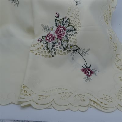 TABLECLOTH 67X90" IVORY WITH PINK ROSES